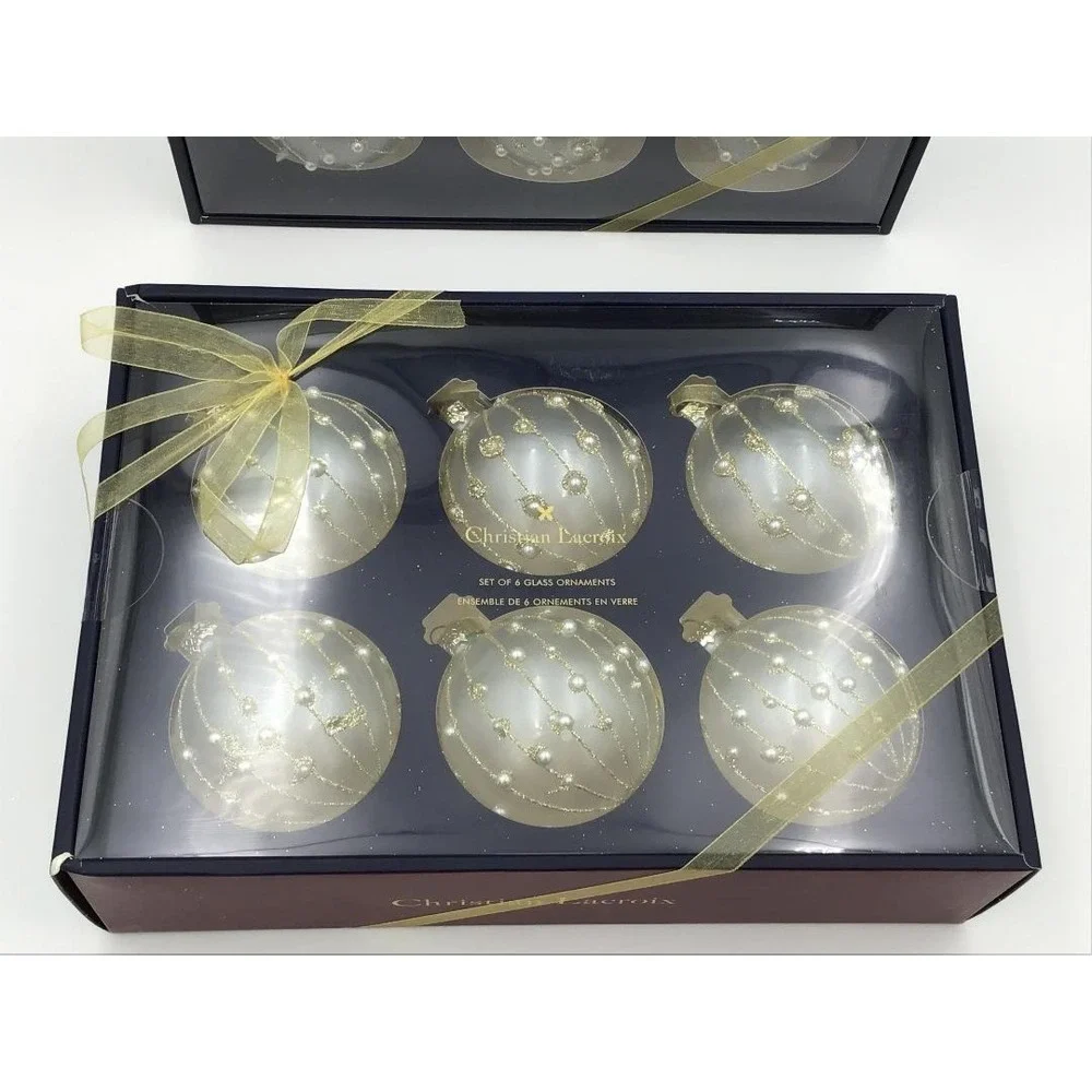 Christian Lacroix Set of 12 Glass Christmas Ornaments Frosted White Gold Pearl